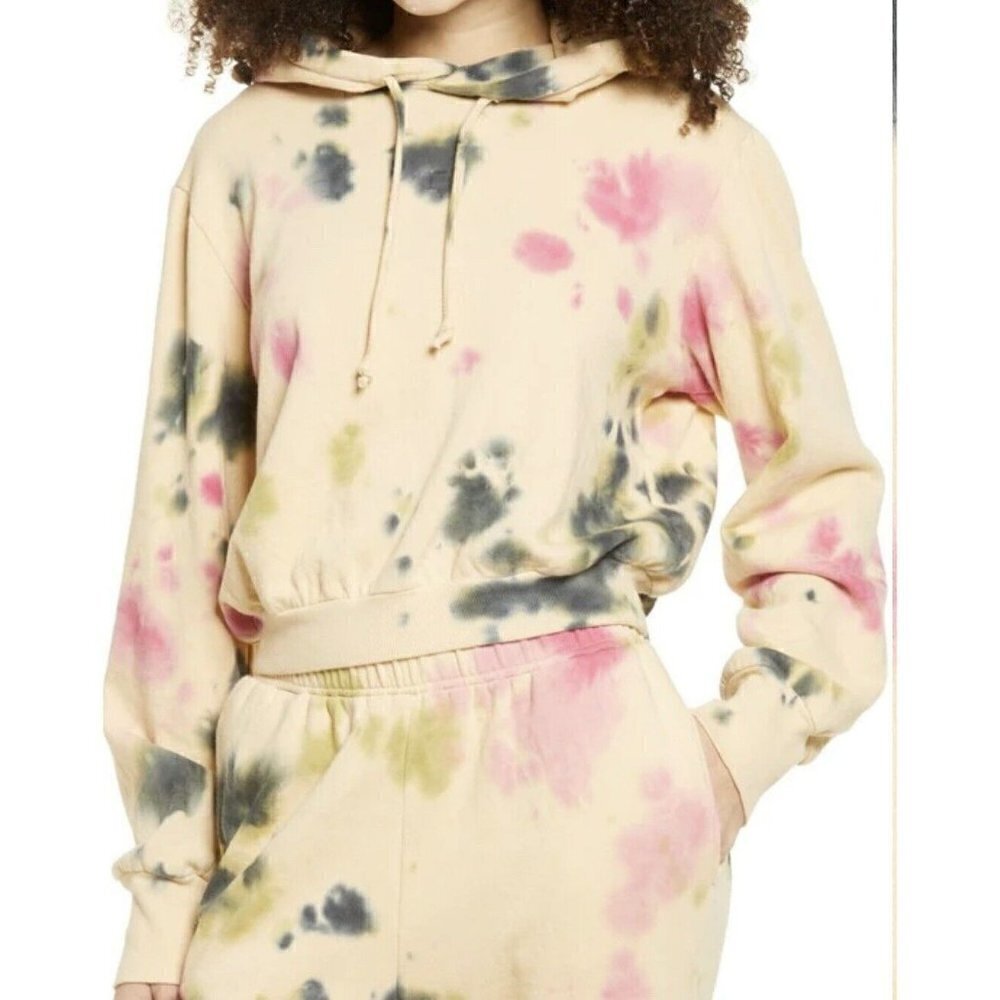NWT AFRM Cropped Hoodie Sweatshirt SMALL Beige Tan Pink Tie Dye Drawstring - Picture 5 of 11